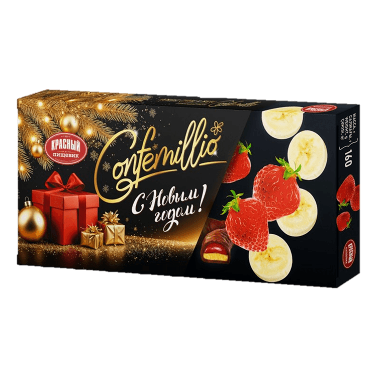 Конфеты ТМ Confemillio «Cо вкусом банана и клубники» в новогодней упаковке